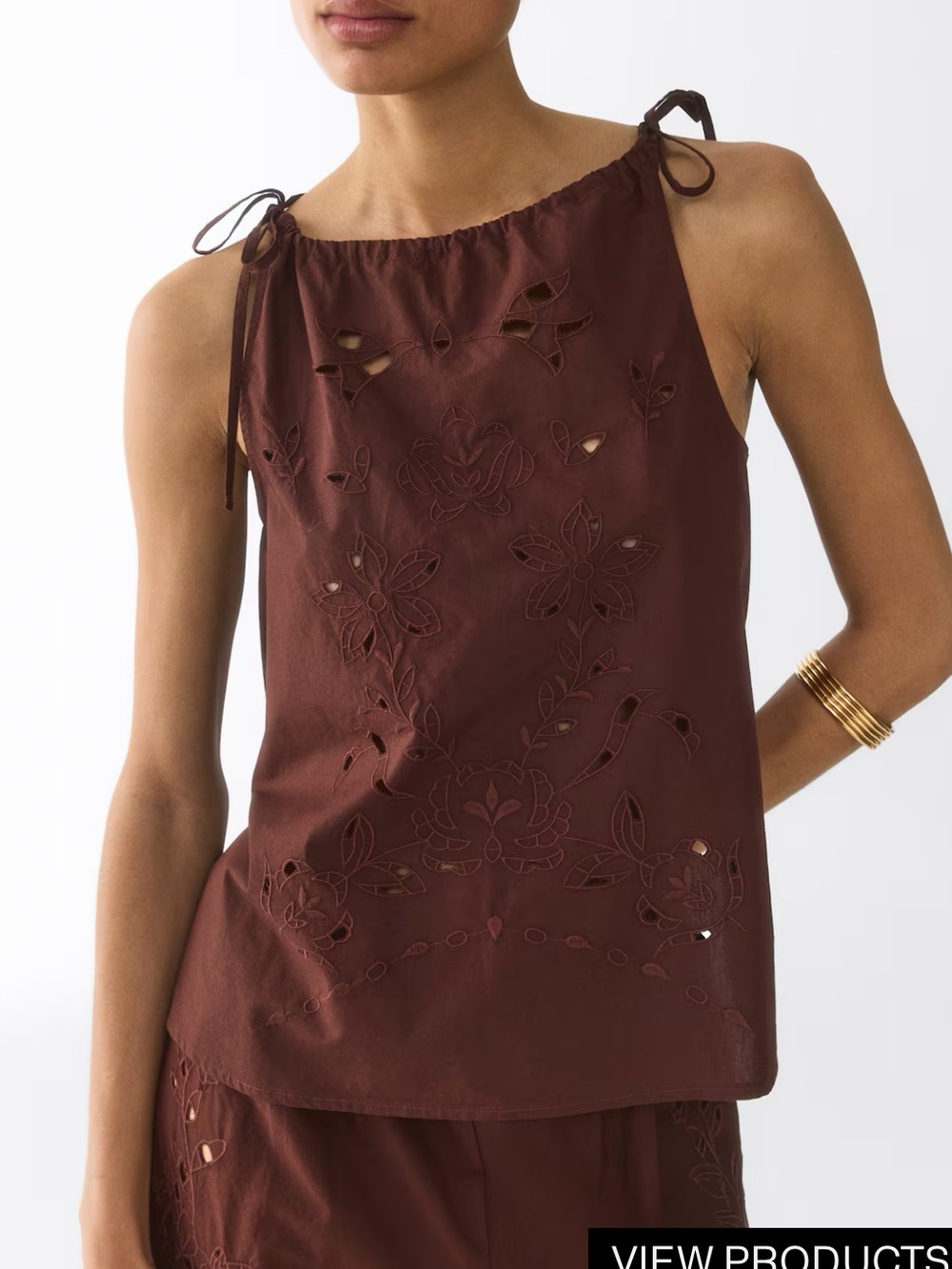 H&M Brown Embroidered Tie-Shoulder Camisole Top